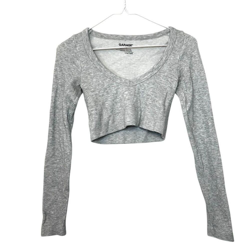 Garage Heather Ribbed Plunge-neck Stretch Long Sleeve Cropped Top Gray XS